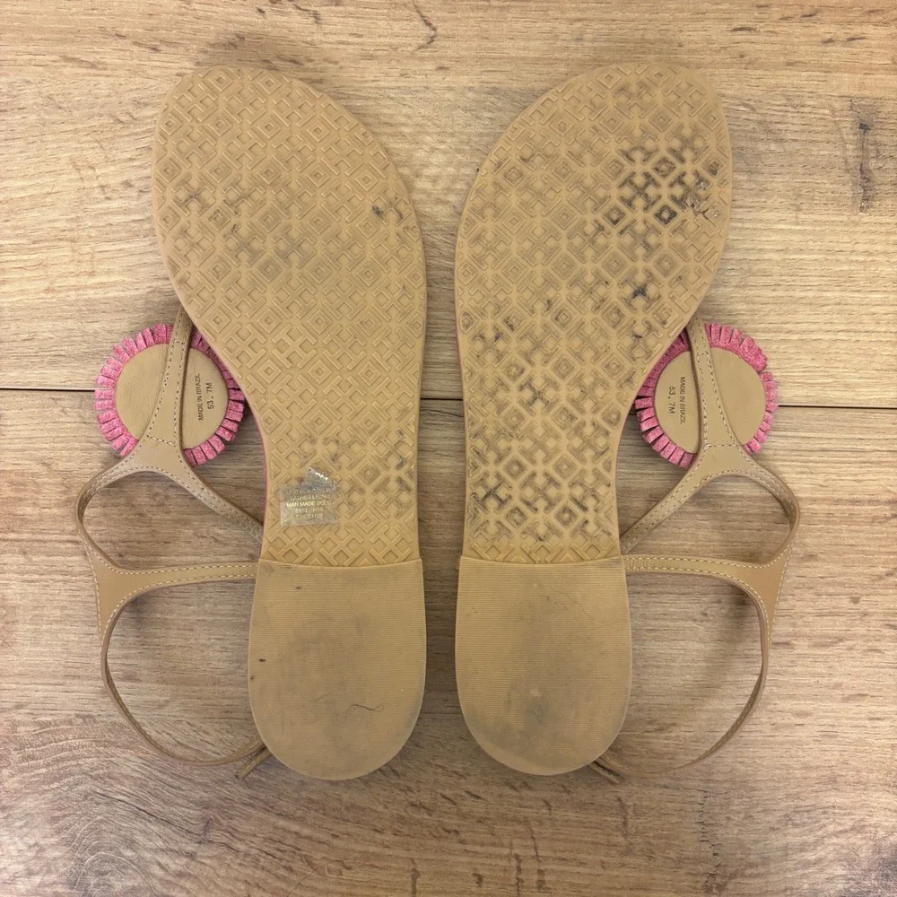TORY BURCH Miller Fringe Thong Flat Sandals Dusty Cypress/Hibiscus Women Size 7